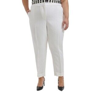 Calvin Klein Women's Plus Size Mid-Rise Cuffed Linen Blend Ankle Pants White 18W